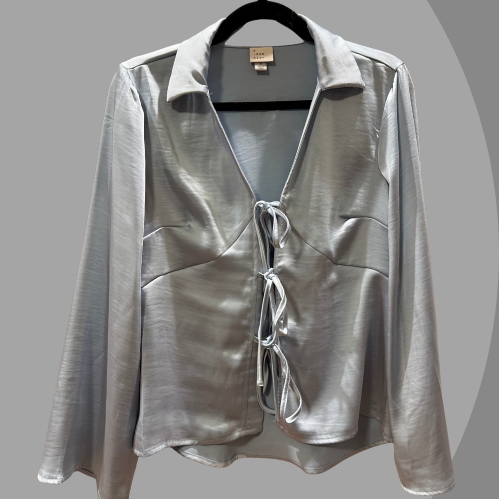 A New Day Womens Light Blue Satin Tie Up Blouse, Size Small